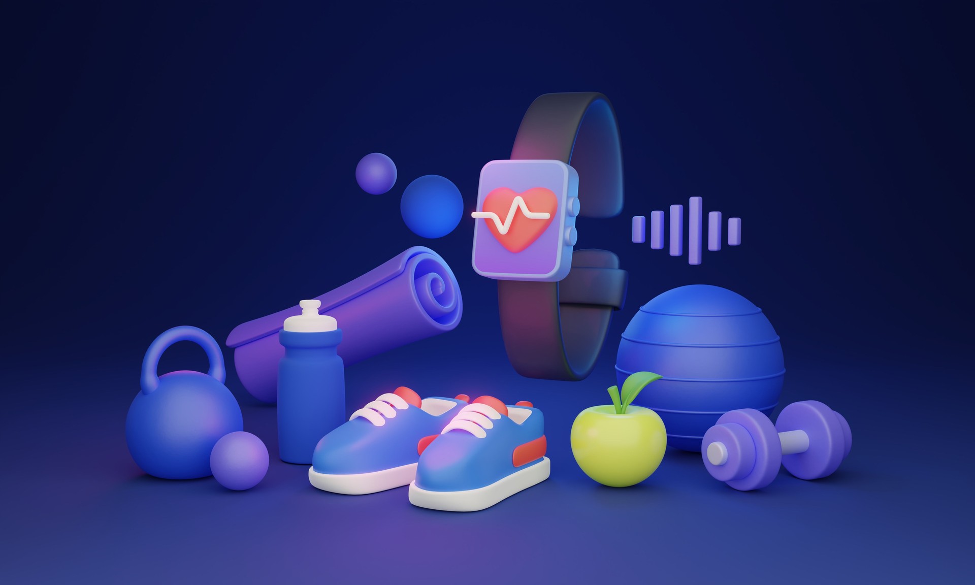 Sports exercise and wellness 3D concept with fitness equipment and gear Sports exercise and wellness 3D concept with fitness equipment and gear